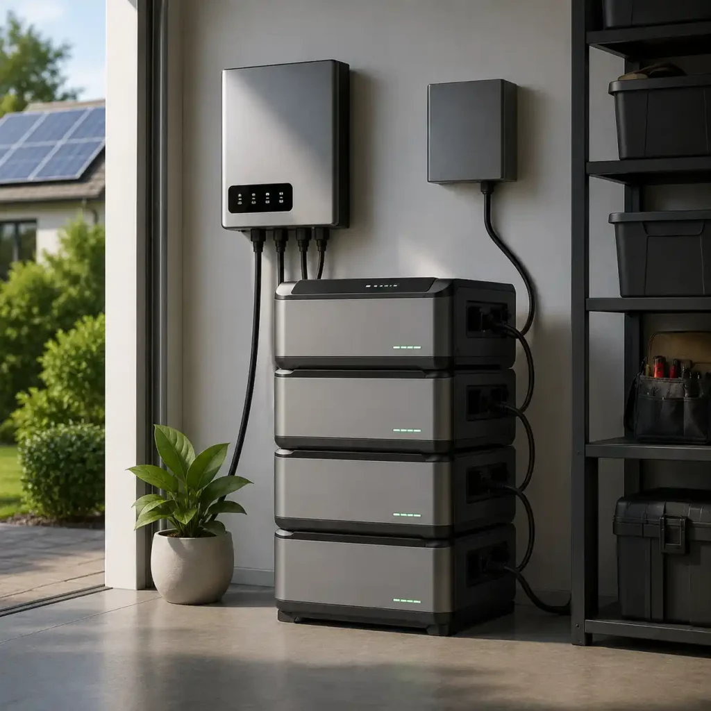 Expandable home battery backup system with stacked battery modules connected to a wall-mounted inverter in a modern residential garage with rooftop solar panels.