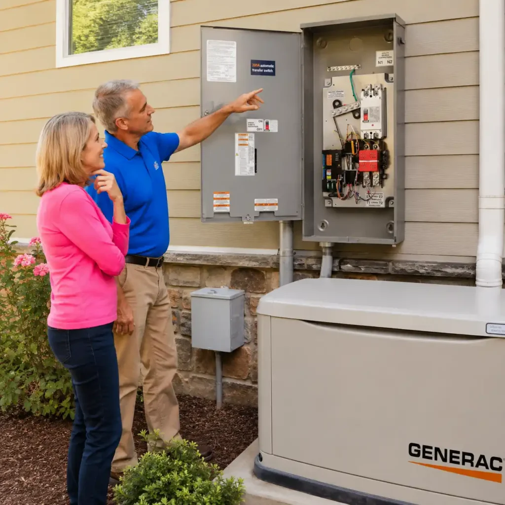 Generac RXSW200A3 200A automatic transfer switch installed beside a residential electrical panel and connected to a Generac standby generator outside a suburban home while homeowners review the backup power system.