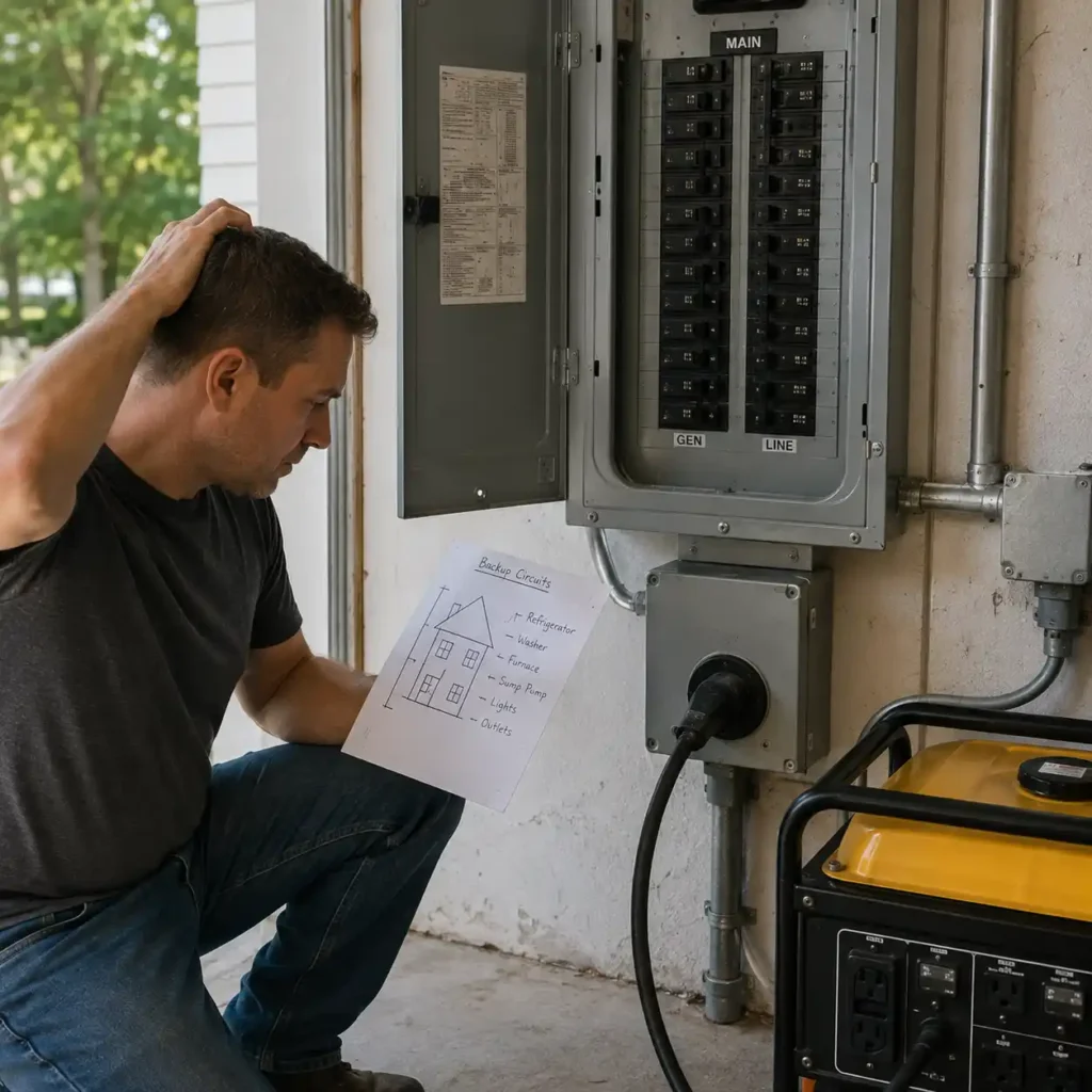 Homeowner reviewing backup circuit planning beside an electrical panel, transfer switch inlet box, and portable generator in a residential garage.