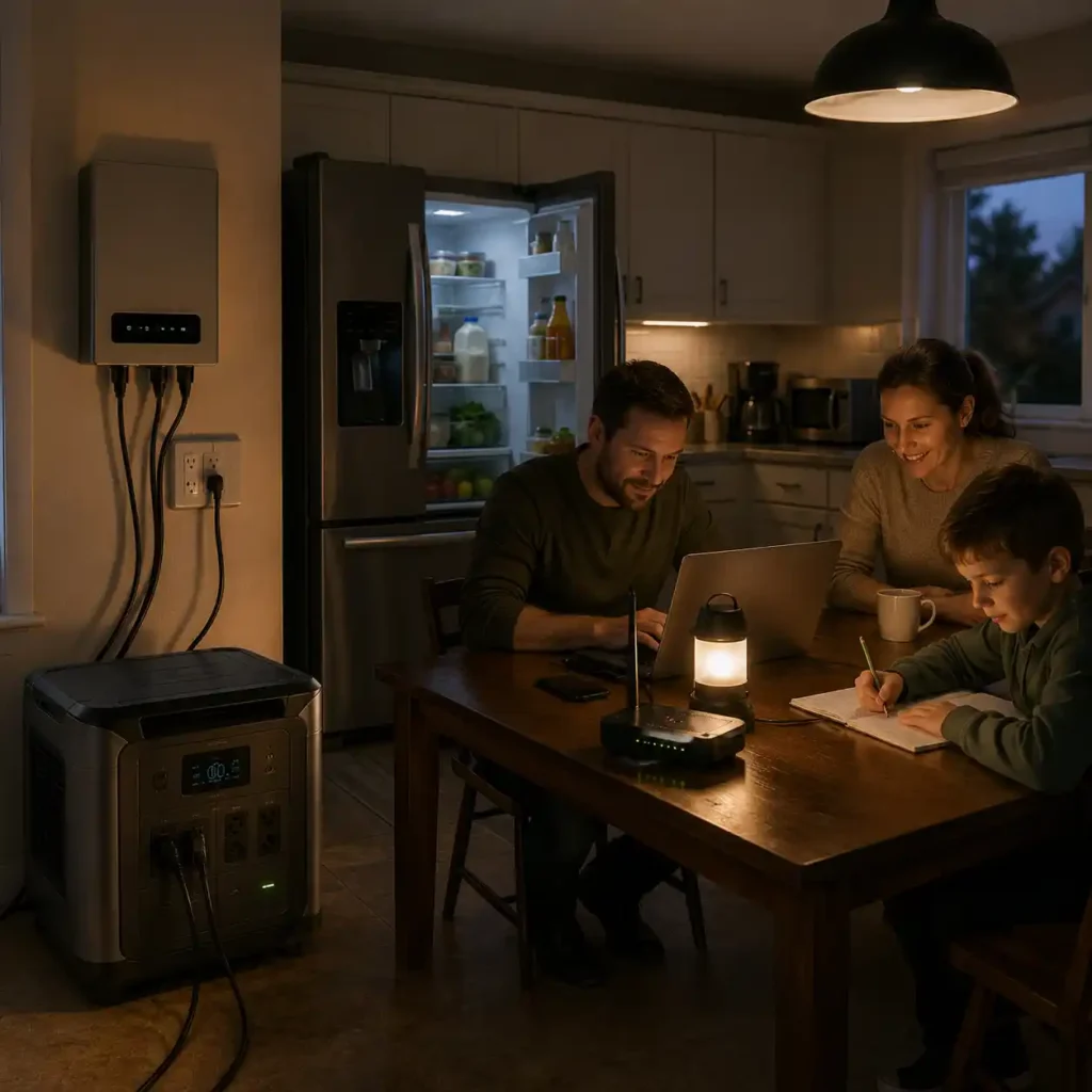 Family using a home battery backup system to power essential household appliances, lighting, and internet during a nighttime power outage.