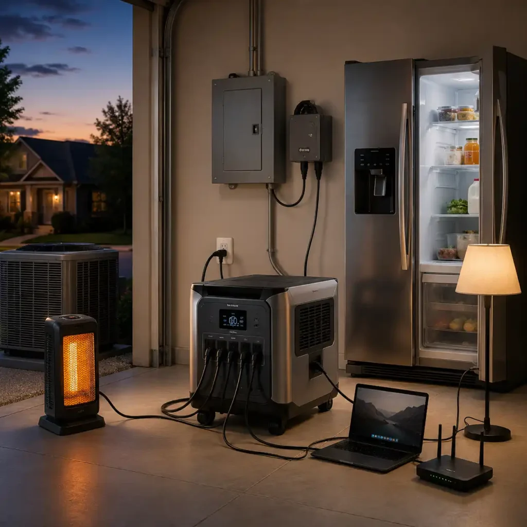 Home battery backup system powering essential household appliances including a refrigerator, lighting, Wi-Fi router, laptop, and space heater during a power outage.