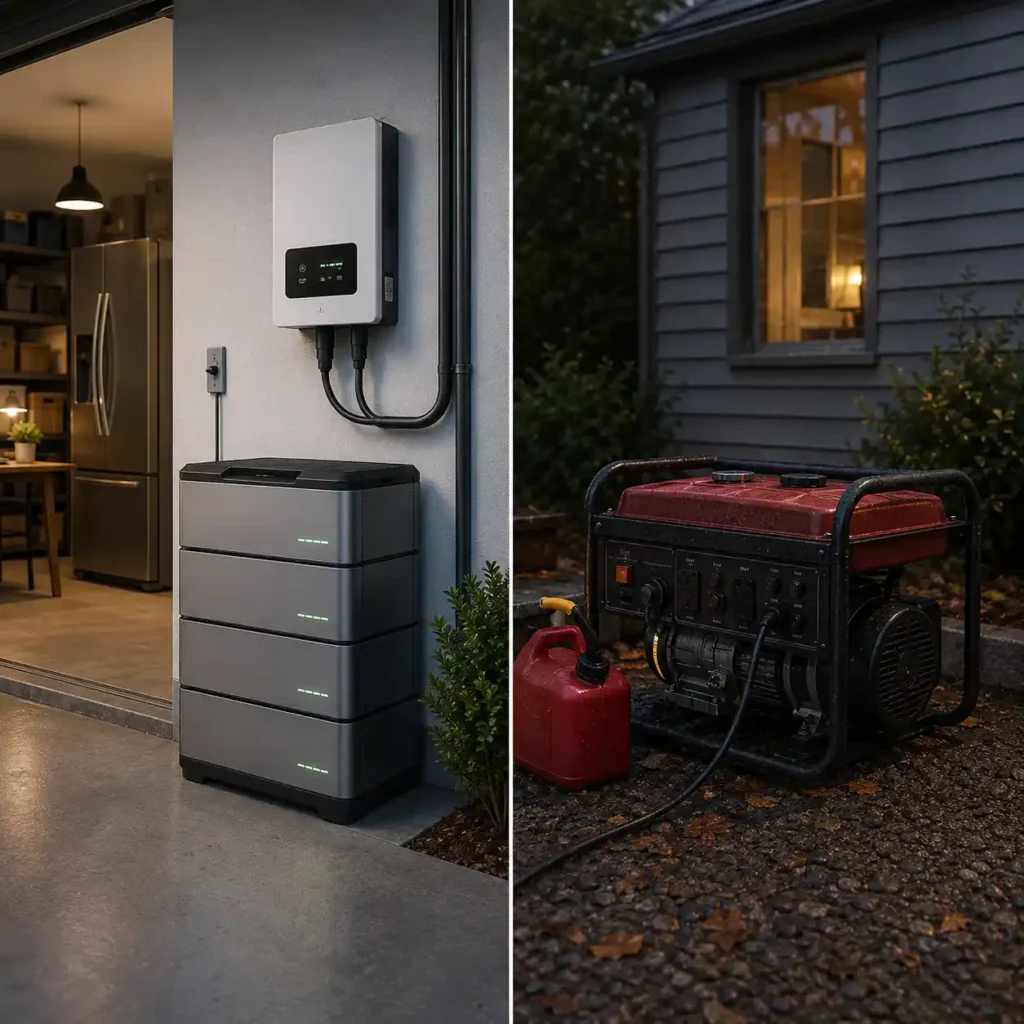Side-by-side comparison of a home battery backup system installed inside a modern garage and a portable gas generator operating outdoors near a house.