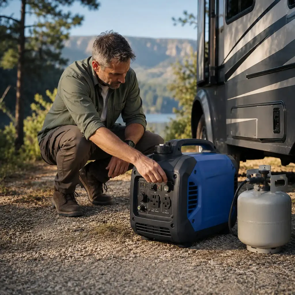 Honda EU2200i portable inverter generator in a residential outdoor setting