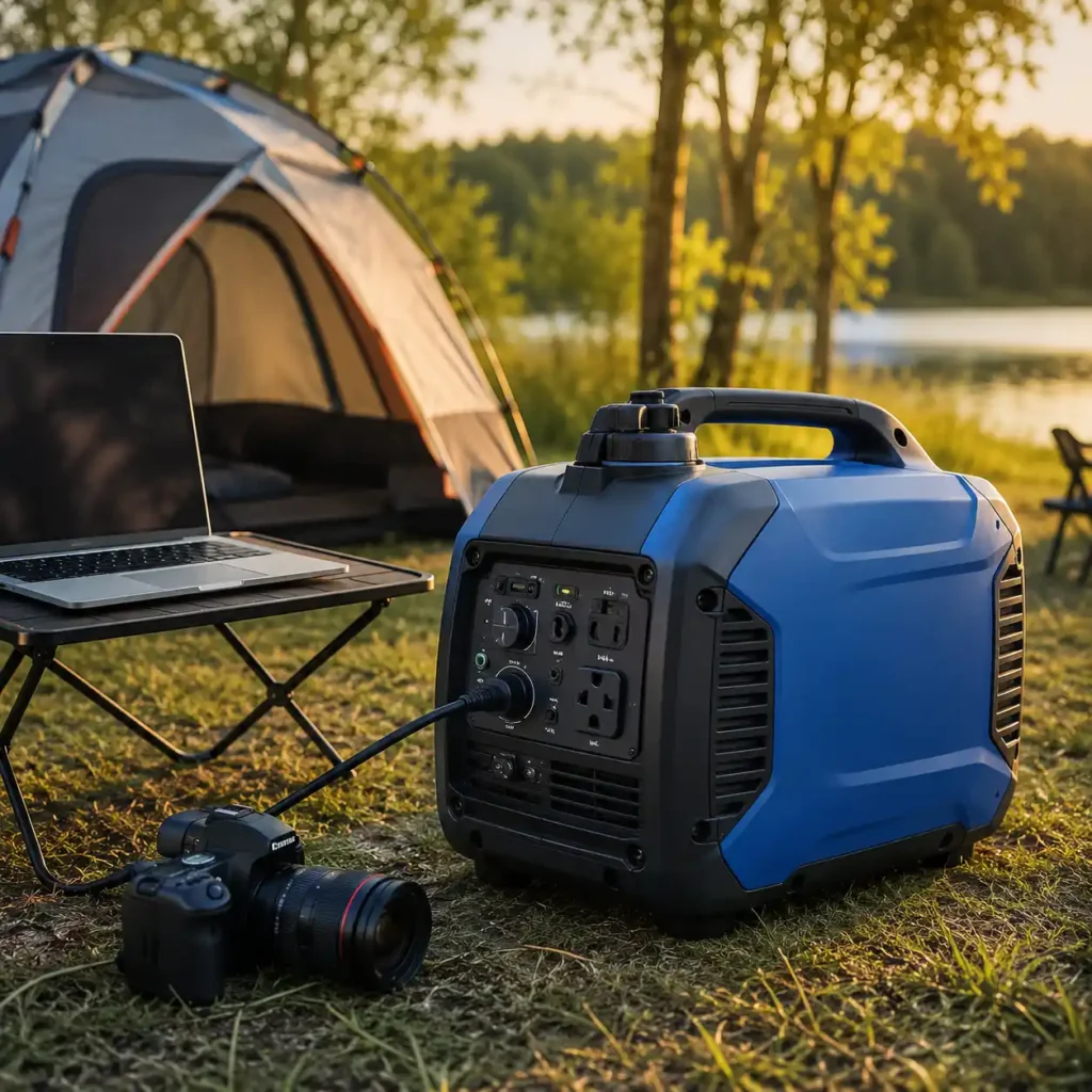 Portable inverter generator powering a laptop and camera at a lakeside campsite