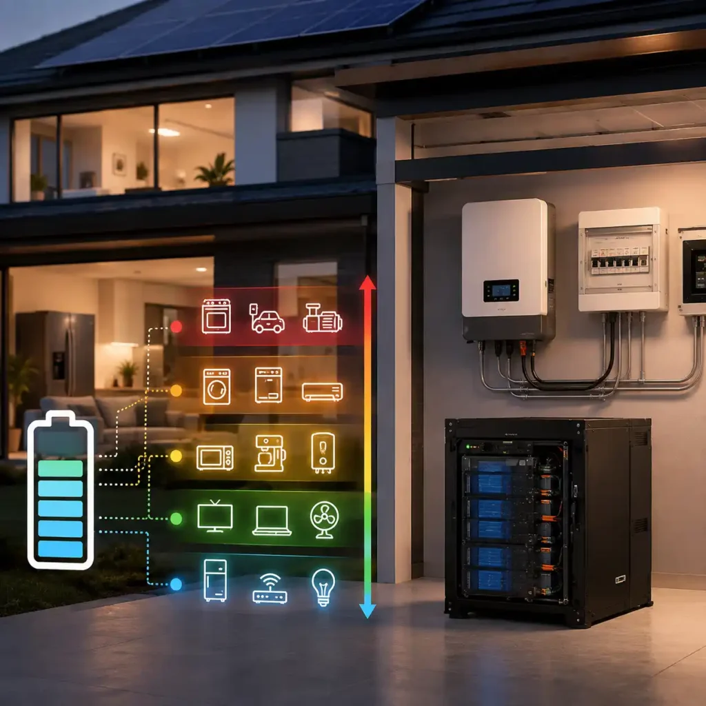 Residential solar battery system illustrating how battery capacity affects the number of household appliances that can be powered during a home backup power outage.
