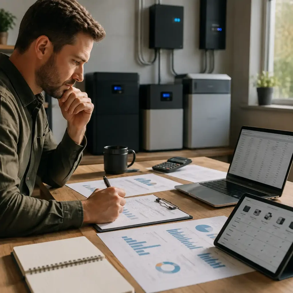 Homeowner comparing whole house backup power systems using product specifications, performance data, and evaluation criteria in a home office.