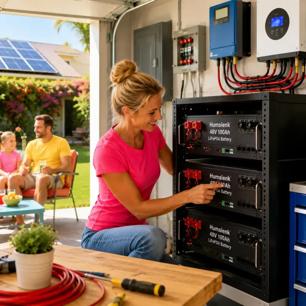 HumsiENK 48V 100Ah LiFePO4 server rack battery installed in a residential solar energy storage system as homeowners expand their whole-home backup power setup.