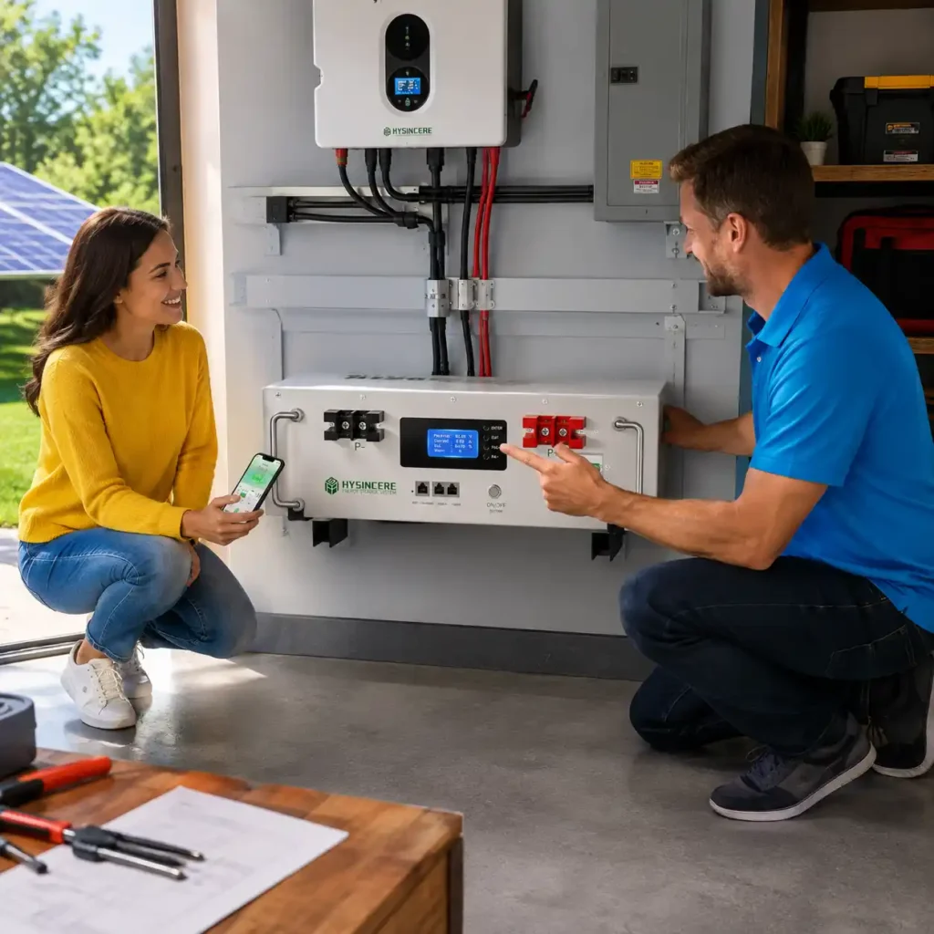 Hysincere Power HX48100H LiFePO4 cabinet battery installed in a residential solar backup system while homeowners monitor battery performance using a mobile app.