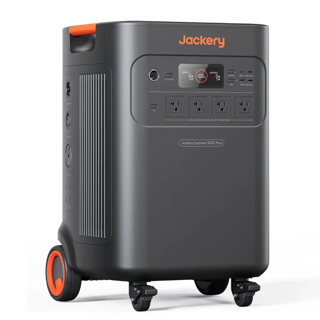 Jackery Explorer 5000 Plus whole house backup power system with integrated 120V/240V outlets for reliable residential backup power.