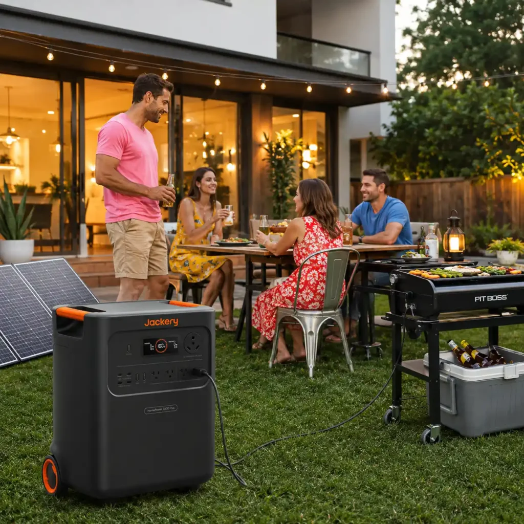 Jackery HomePower 3600 Plus home battery backup system powering outdoor appliances during a family gathering at a modern home with rooftop solar panels.