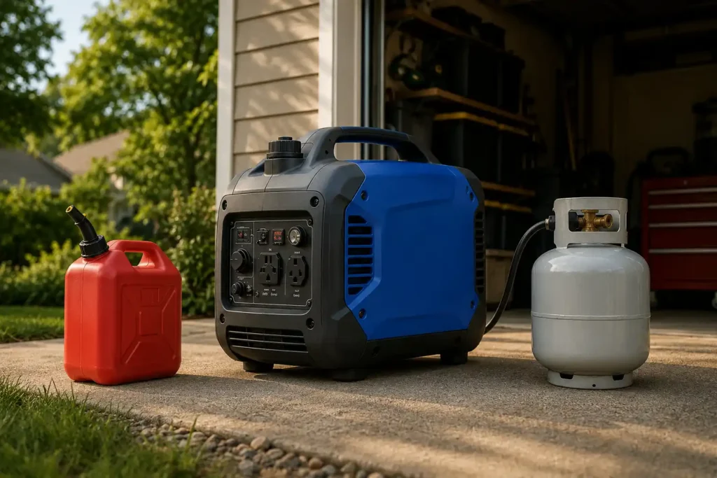 Portable generator with gasoline and propane fuel options compared for power output, runtime, storage, and convenience