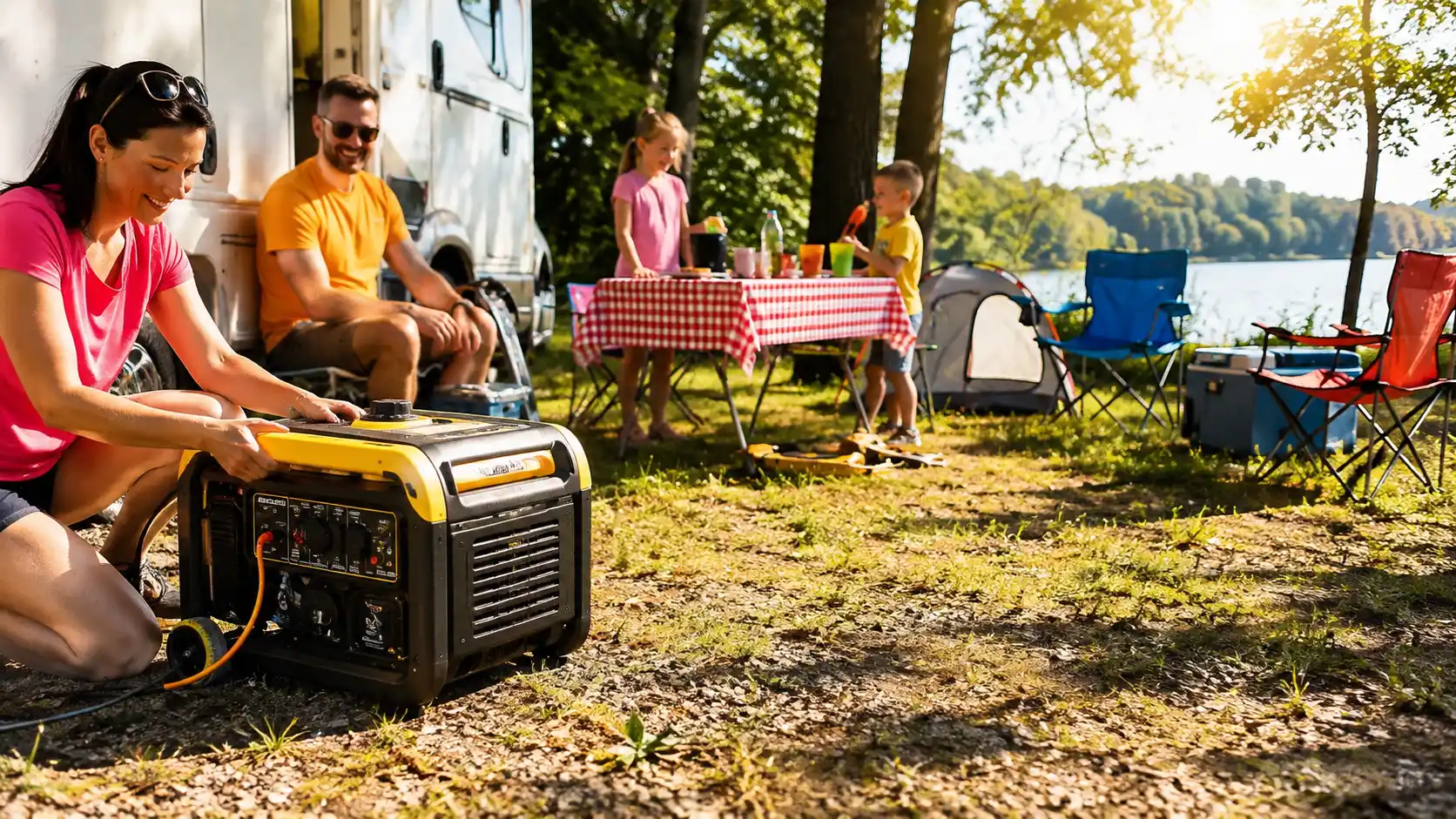 Family using a portable generator near an RV at a sunny lakeside campsite for camping, RV travel, and emergency backup power