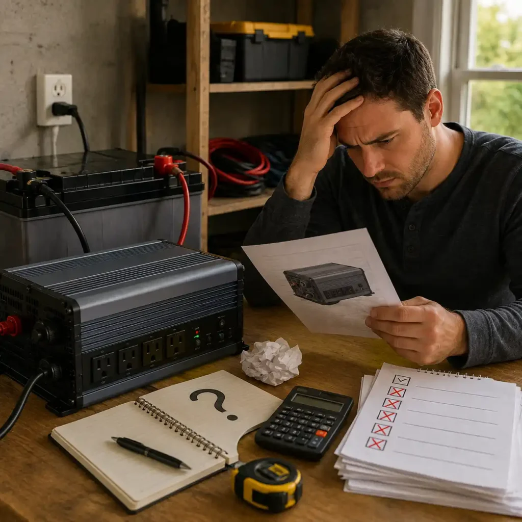 Homeowner reviewing a home backup power inverter setup with battery, cables, and planning documents while evaluating the right backup power solution.