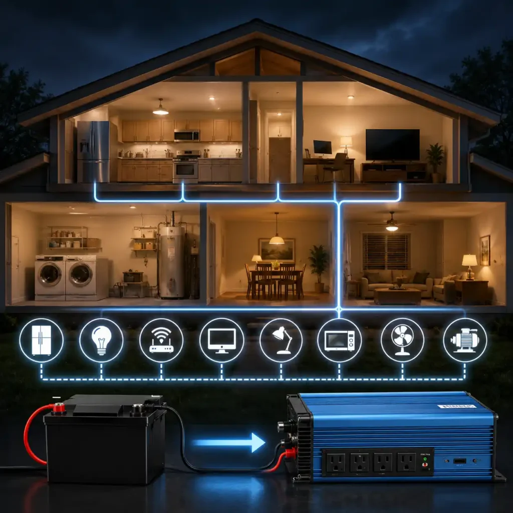 Modern home backup power system illustrating how a battery bank and pure sine wave power inverter supply electricity to essential household appliances during a power outage.