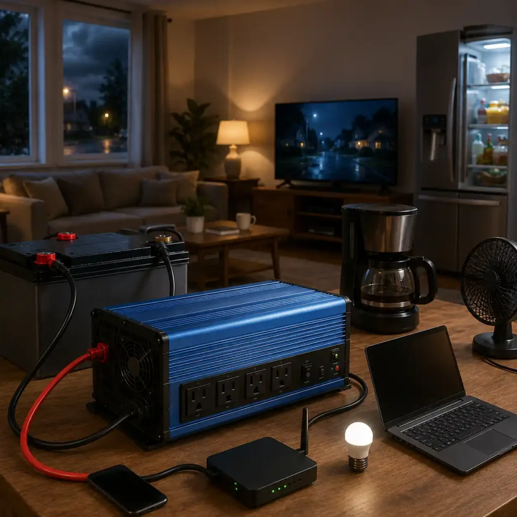 Home backup power inverter connected to a battery bank powering essential household appliances including a refrigerator, Wi-Fi router, laptop, LED light, coffee maker, and fan during a power outage.