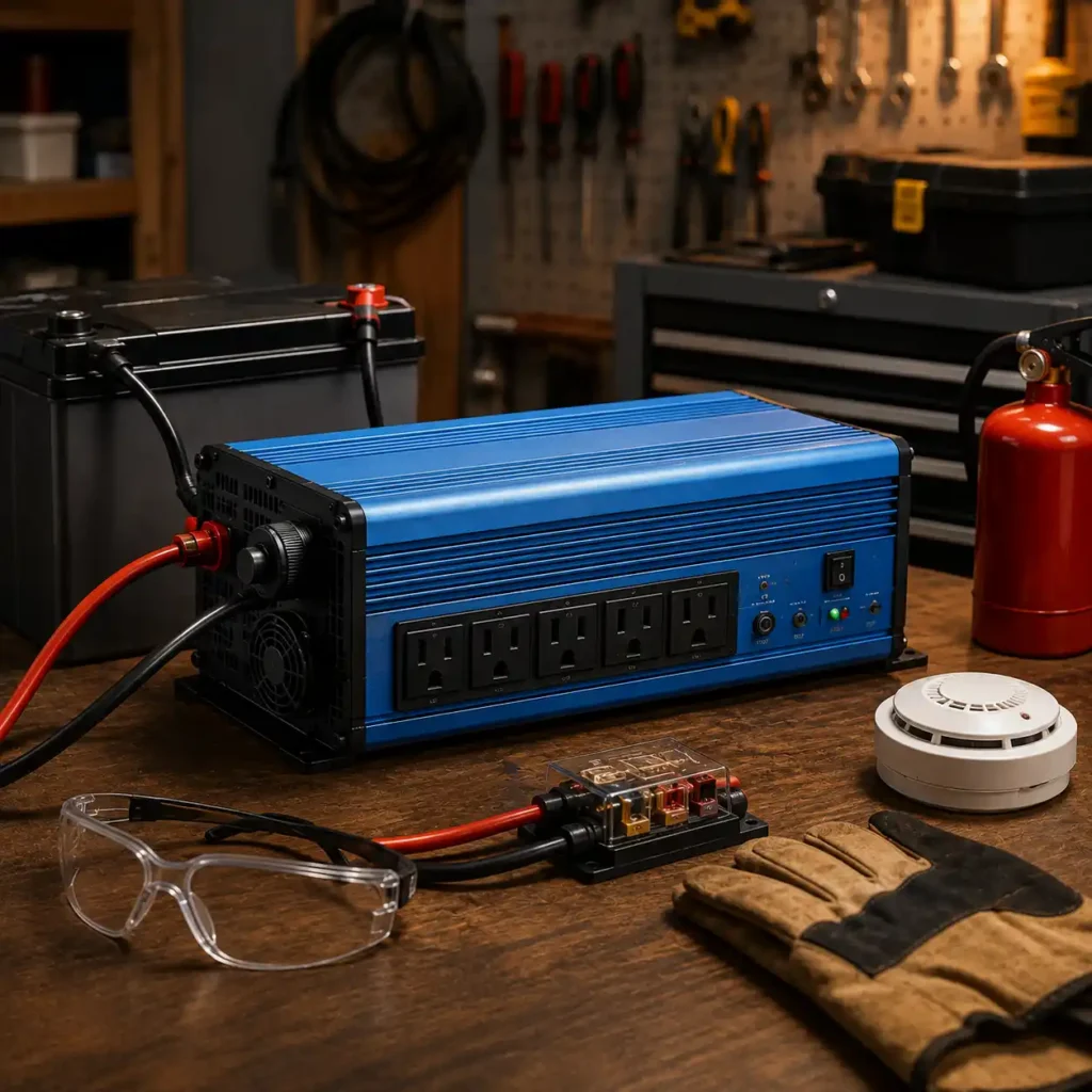 Home backup power inverter installed with battery bank, fuse protection, smoke detector, fire extinguisher, and safety equipment in a residential backup power setup.