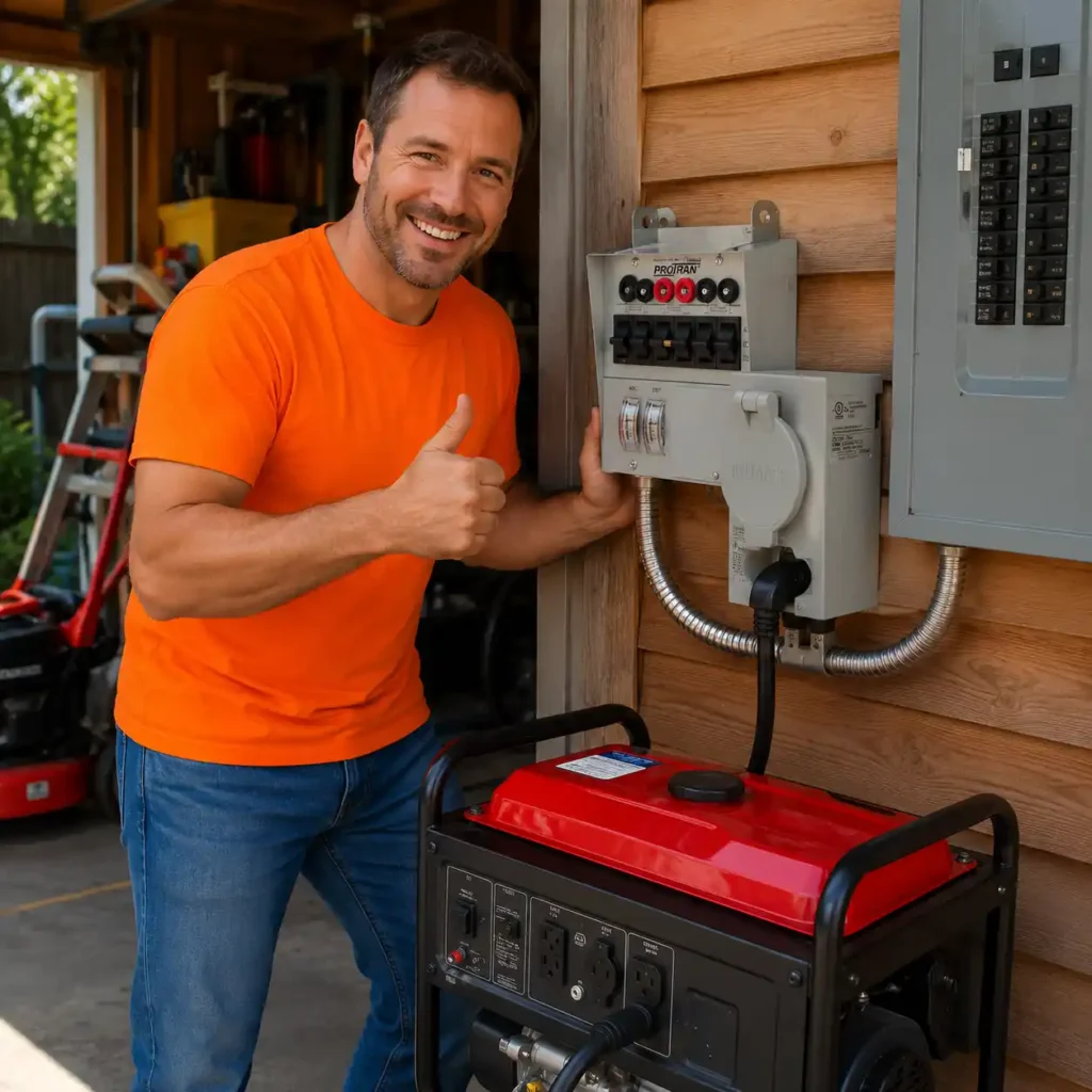 Reliance Controls 31406CRK Pro/Tran 2 manual transfer switch installed beside a residential electrical panel and connected to a portable generator in a home garage backup power setup with a homeowner present.
