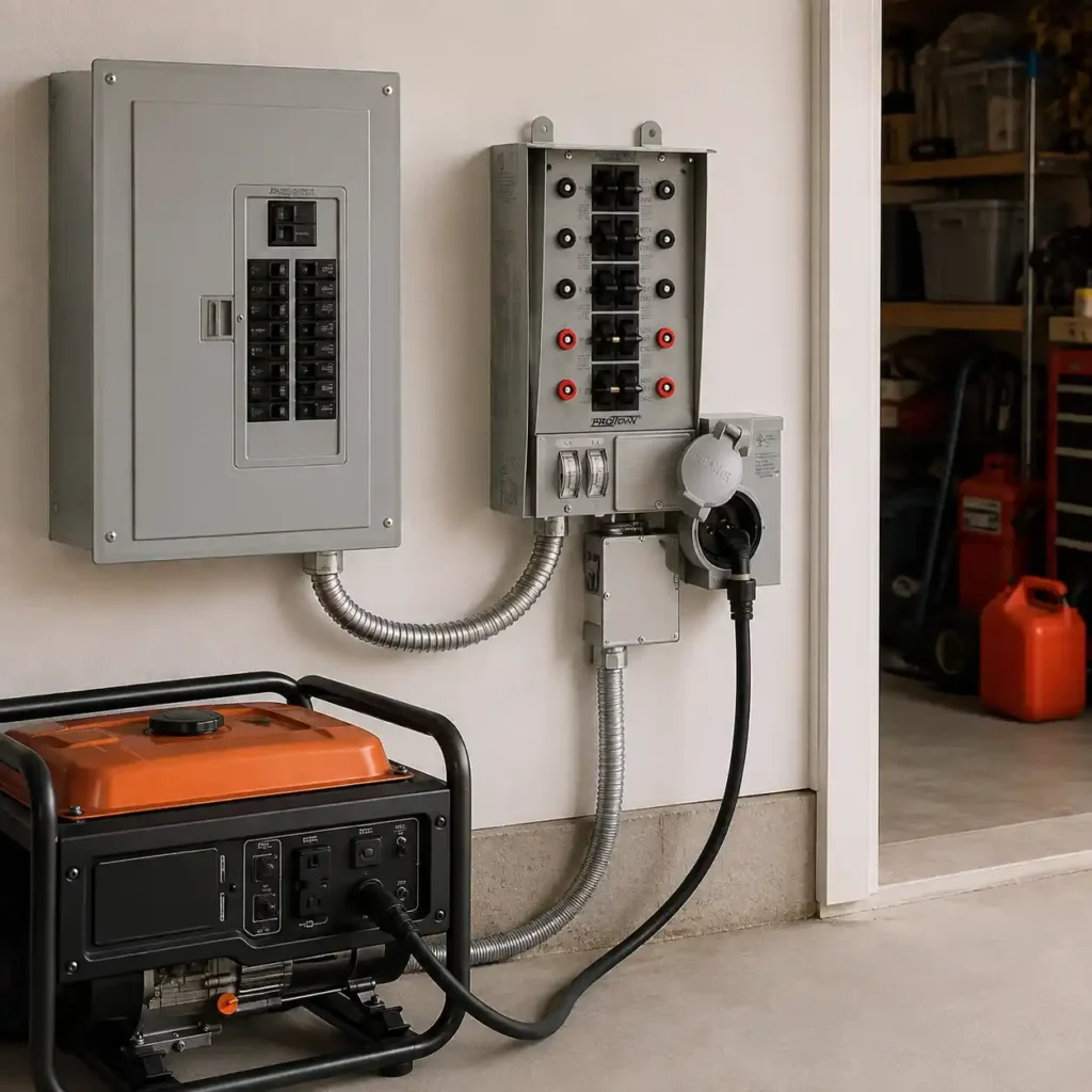 Reliance Controls 31410CRK Pro/Tran 2 manual transfer switch installed next to a home electrical panel and connected to a portable generator in a residential garage backup power setup.