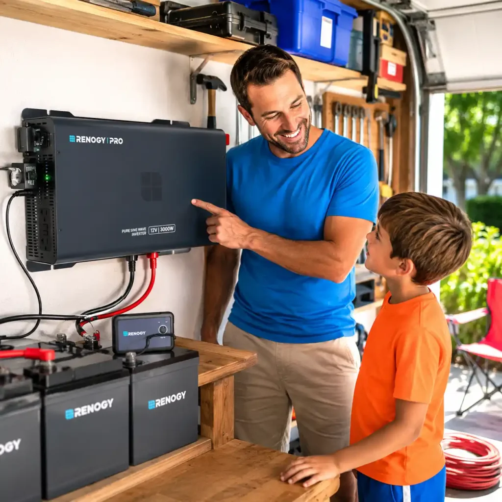 Family using a Renogy 3000W 12V Pure Sine Wave Inverter connected to a residential battery backup system in a bright home garage