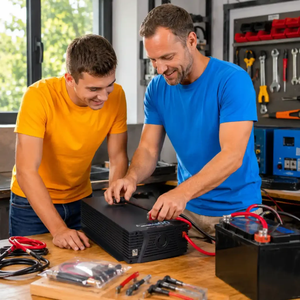 Homeowners installing a Samlex NTX-3000-12 Pure Sine Wave Inverter with a residential battery backup system in a bright home workshop