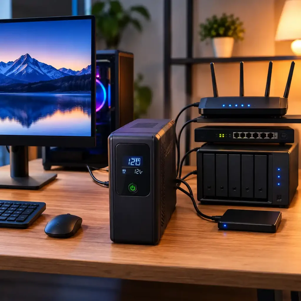 UPS battery backup powering a desktop computer, monitor, router, network switch, NAS, and external storage in a home office setup.