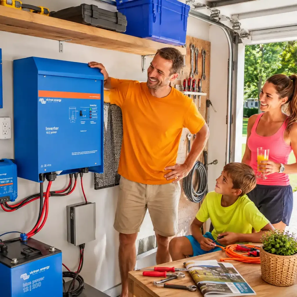 Family using a Victron Energy 12/3000 Pure Sine Wave Inverter connected to a home battery backup system in a bright residential garage during everyday operation