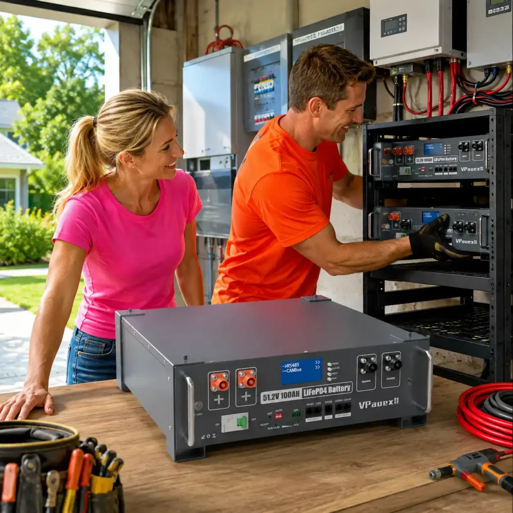 VPauexii 48V 100Ah LiFePO4 server rack battery installed in a residential solar energy storage system while homeowners monitor and expand their home backup setup.