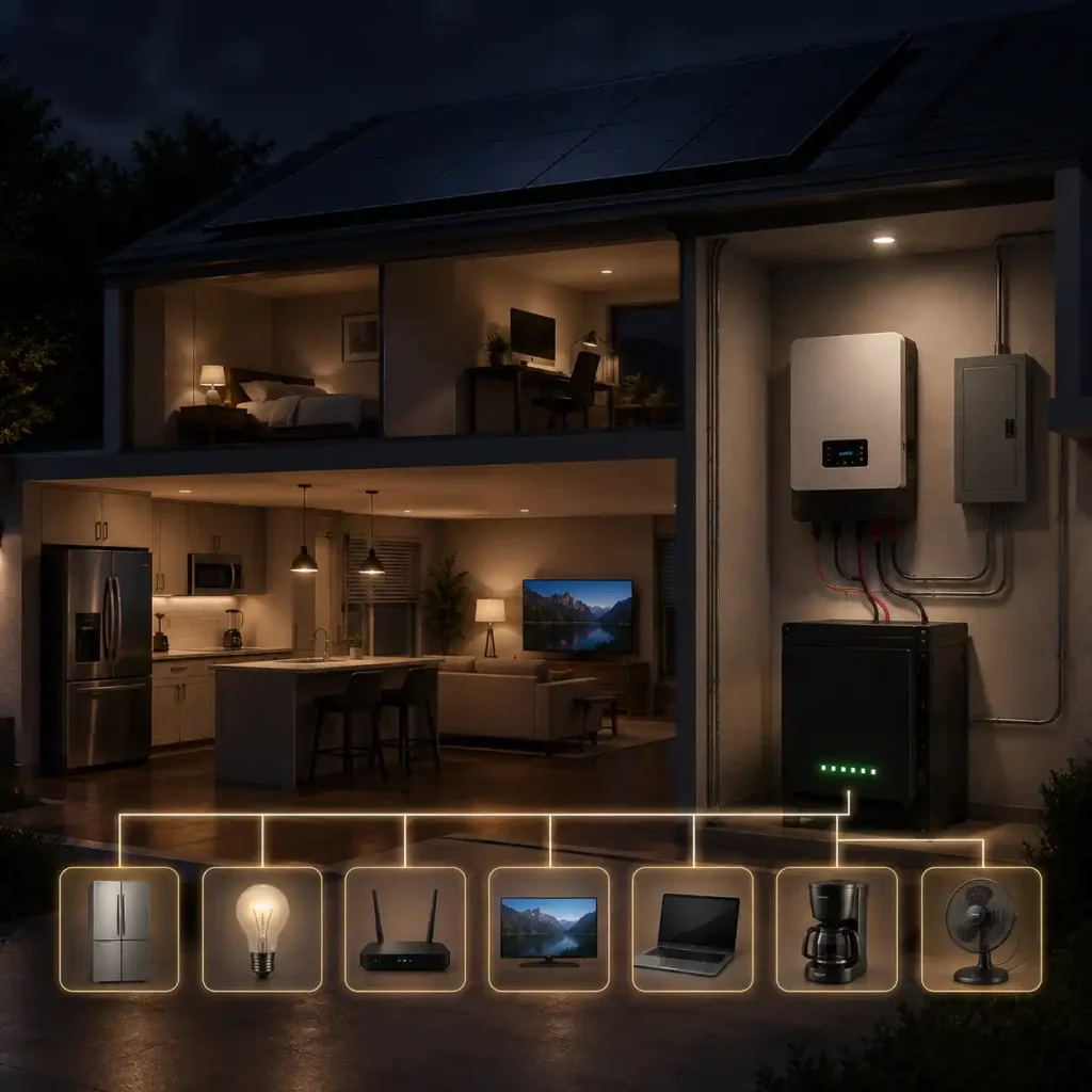 Cross-section of a modern home showing a residential solar battery system powering essential household appliances during a grid outage.