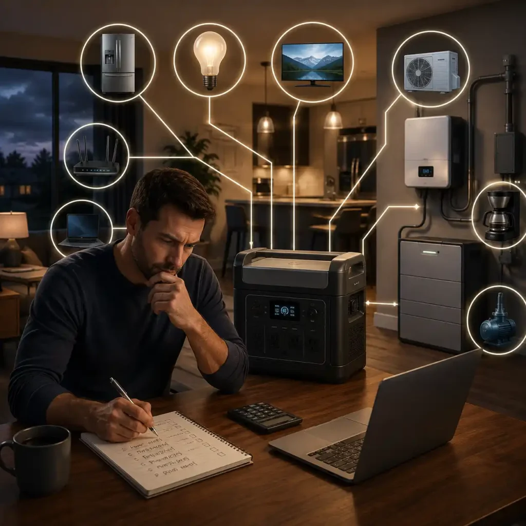 Homeowner planning whole house backup power requirements while reviewing household appliances and backup battery system in a modern home.