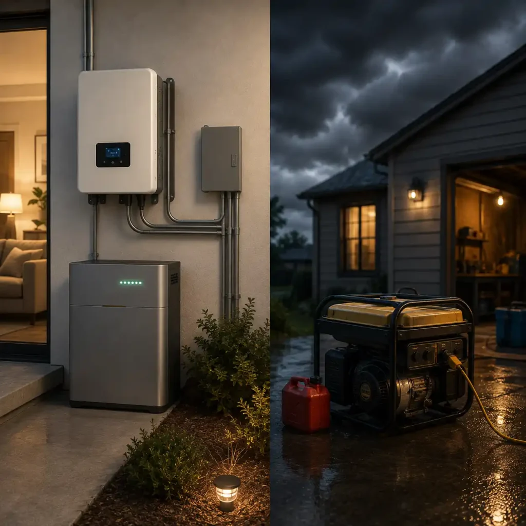 Comparison of a modern whole house backup power system and a portable gas generator outside a home during a power outage.
