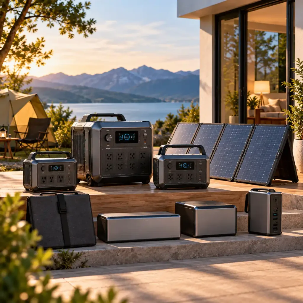 Portable power stations, solar panels, and energy storage units arranged on a sunny outdoor deck