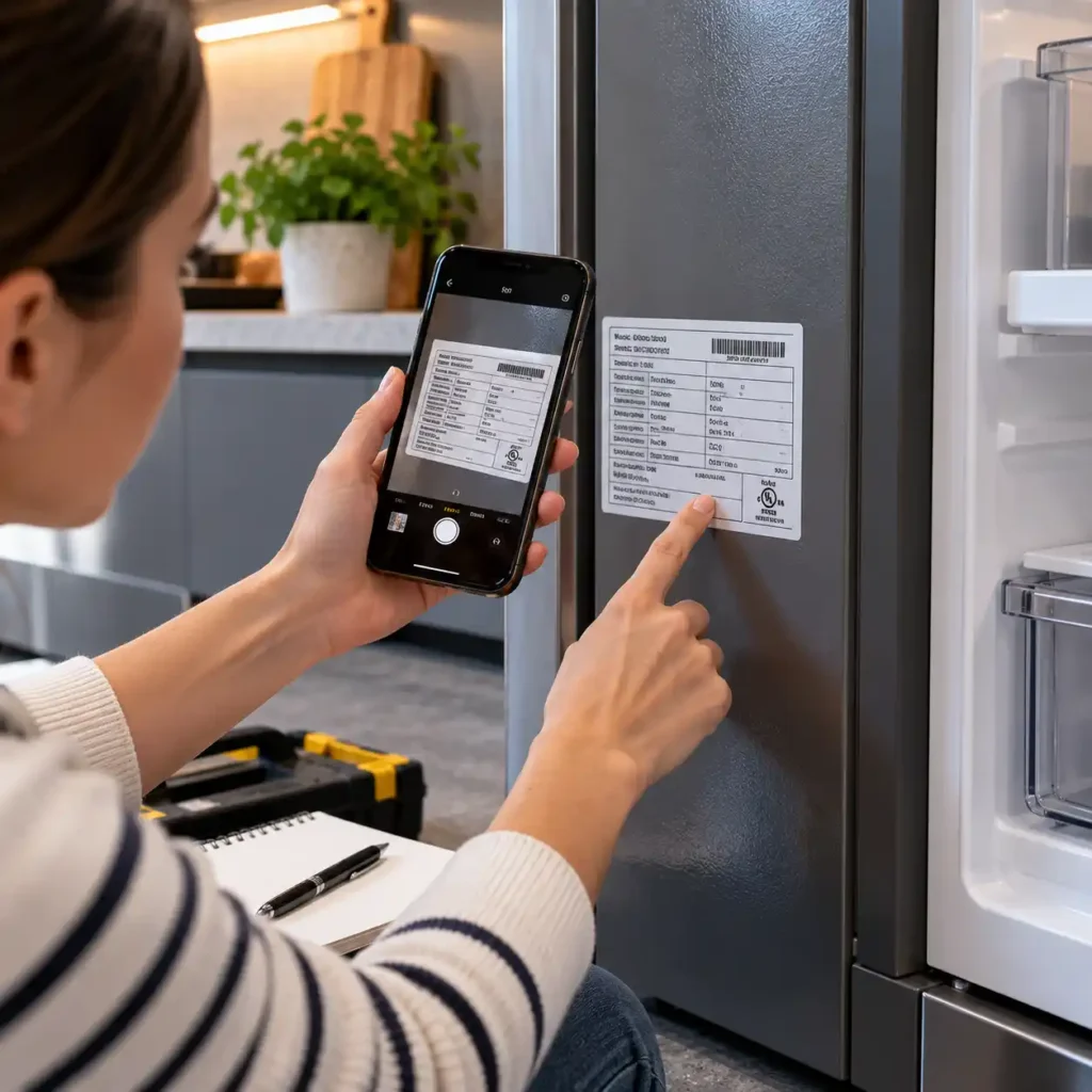Person checking the power rating label on a refrigerator to find its actual wattage