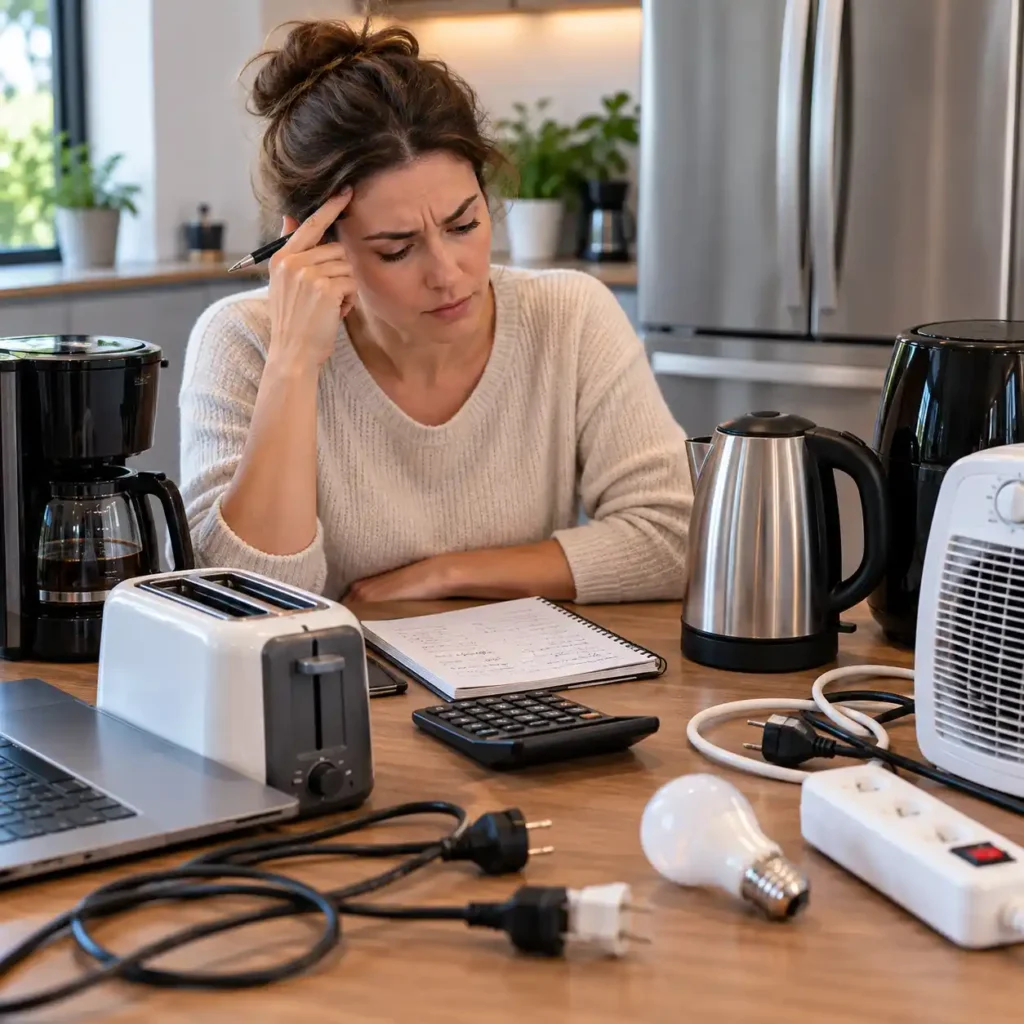 Person reviewing appliance wattage calculations with a calculator, notebook, and multiple household electrical devices