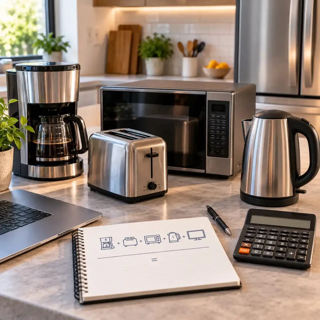 Multiple household appliances arranged for calculating combined wattage and energy use