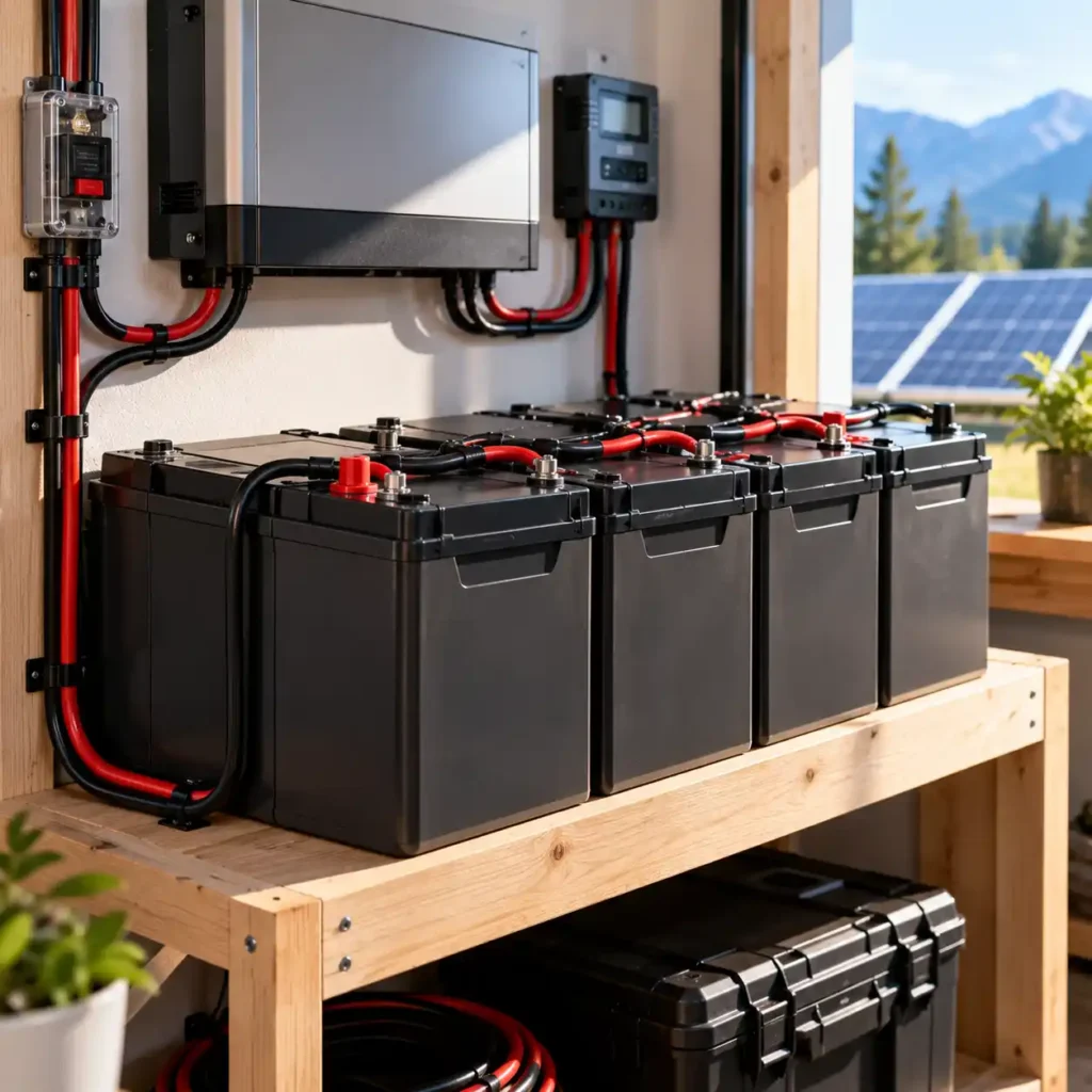 Multiple batteries connected in a battery bank with an inverter and solar panels