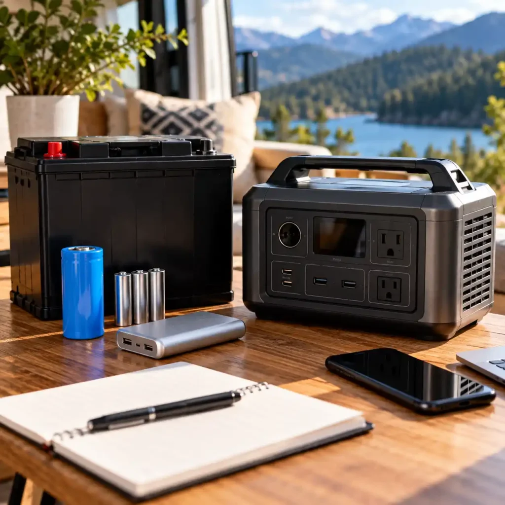 Battery and portable power station displayed with different battery cells to illustrate capacity in Ah and Wh