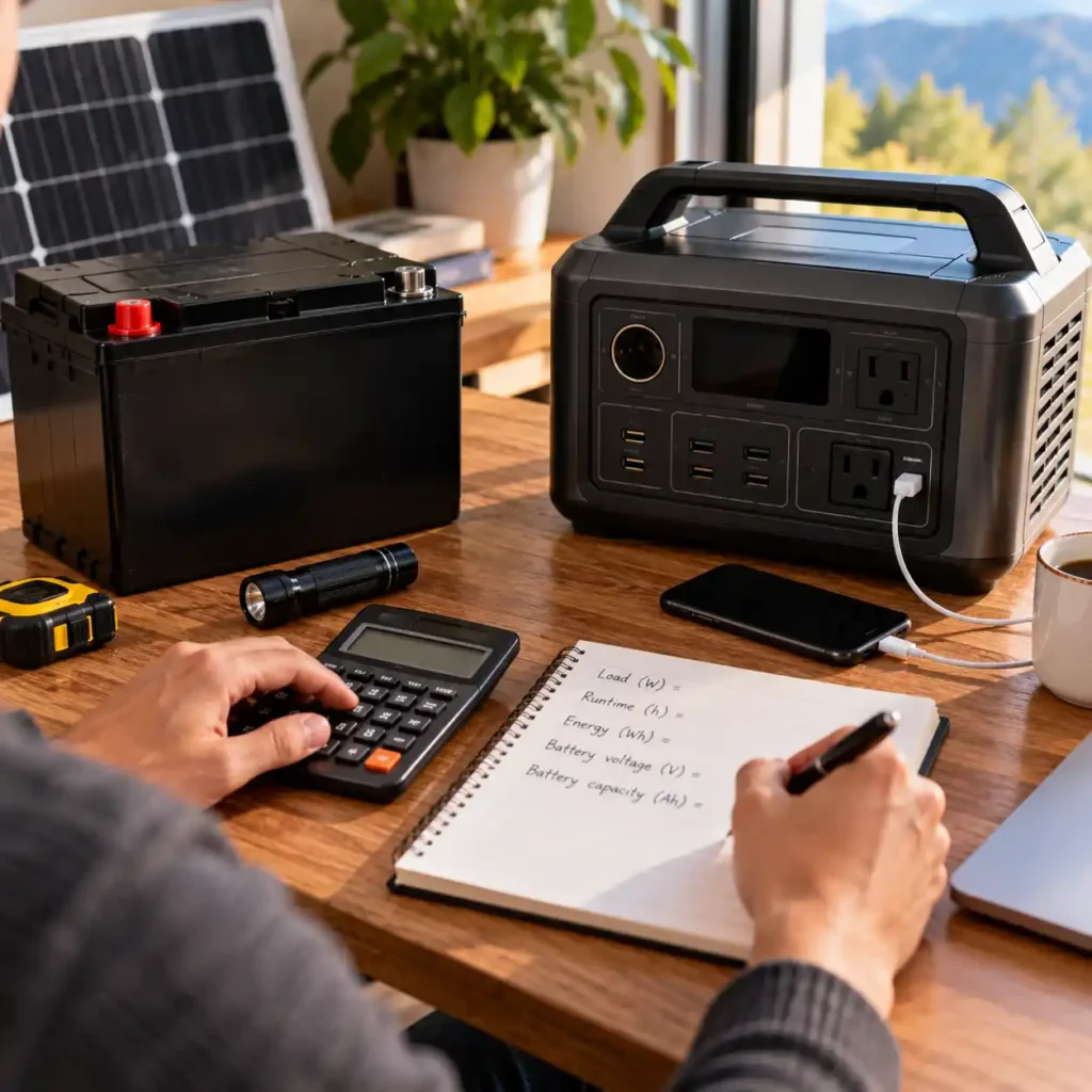 Person calculating battery capacity beside a battery, portable power station, calculator, and solar panel