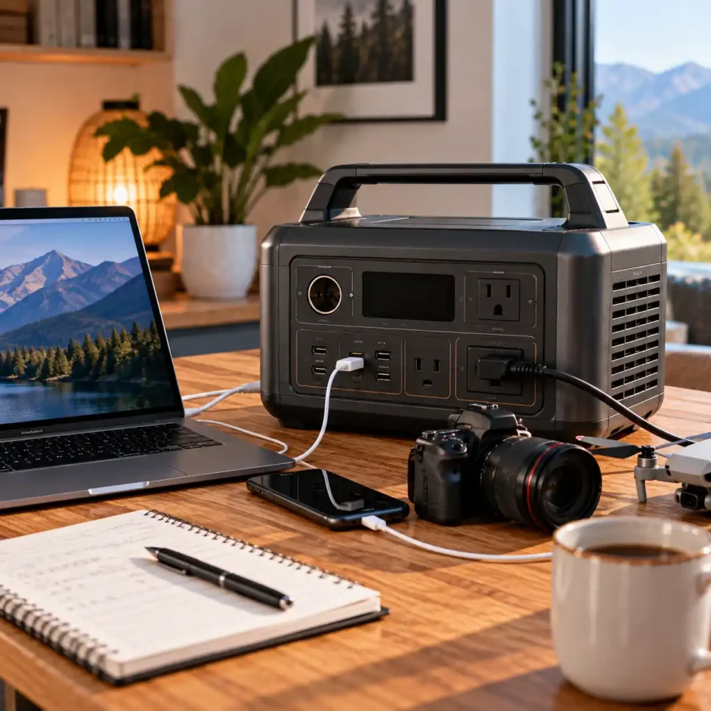 Portable power station powering a laptop, smartphone, camera, and other devices in a home workspace