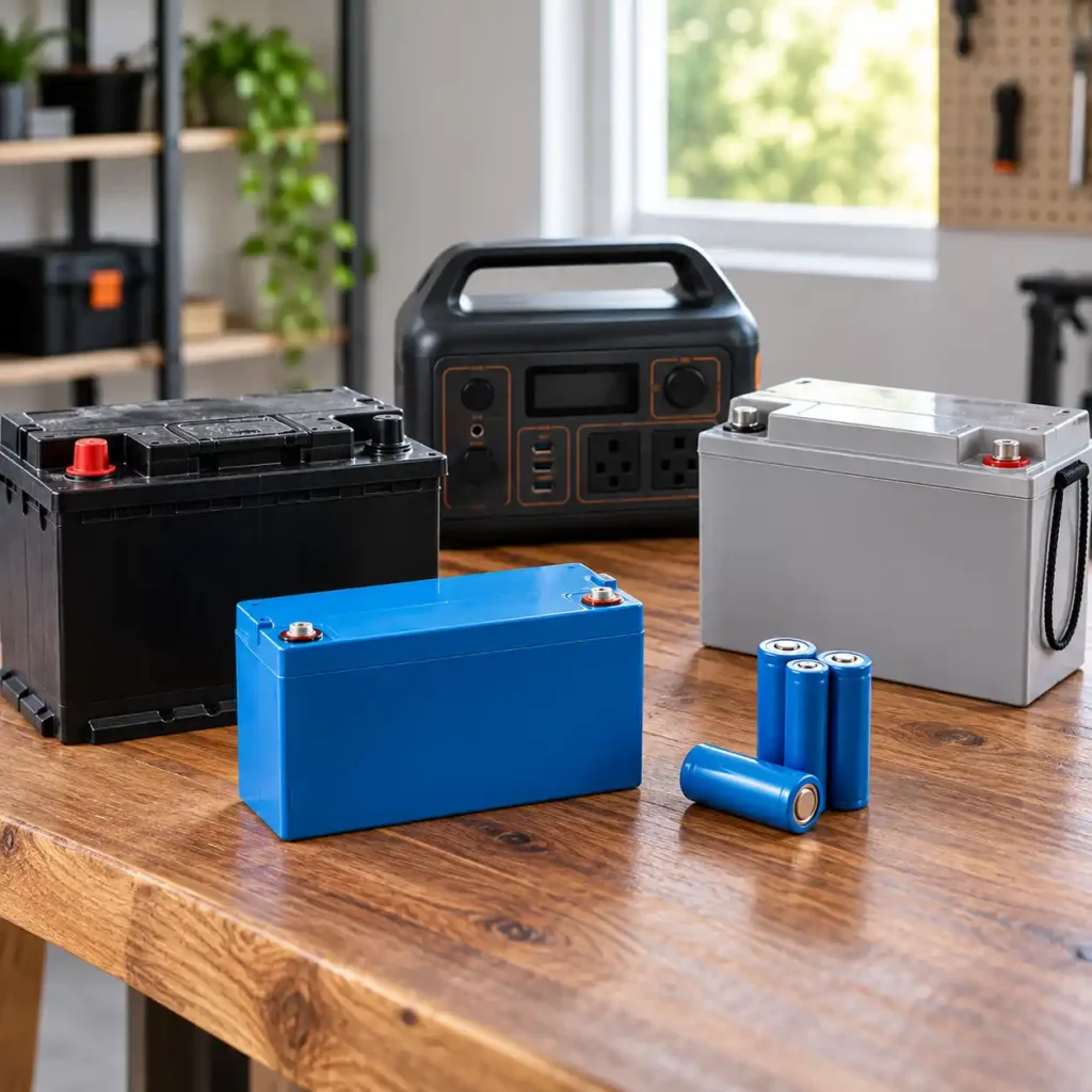 Different battery types and portable power stations displayed together to illustrate battery runtime comparisons