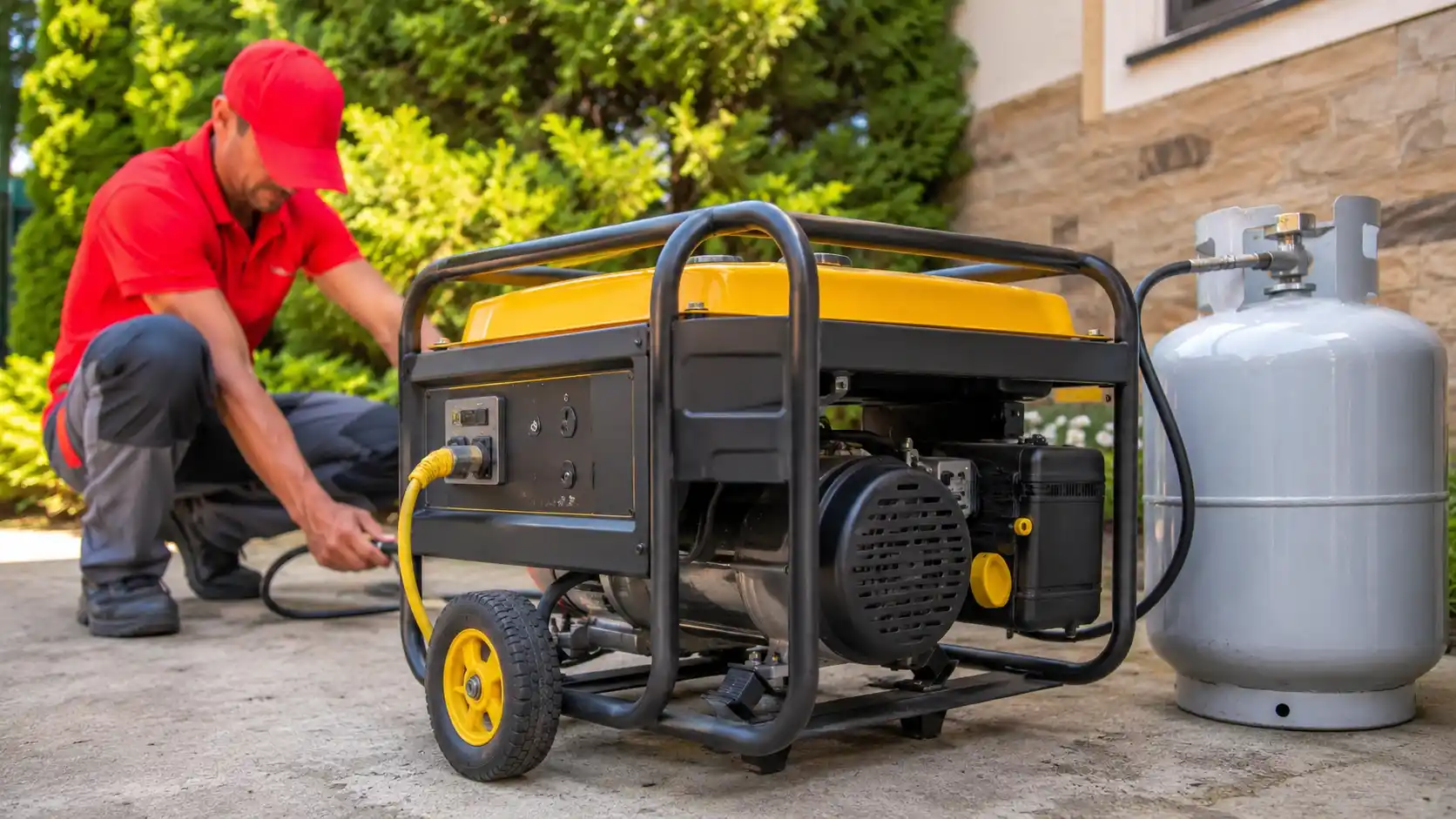Dual fuel generator running on propane outdoors on a sunny day