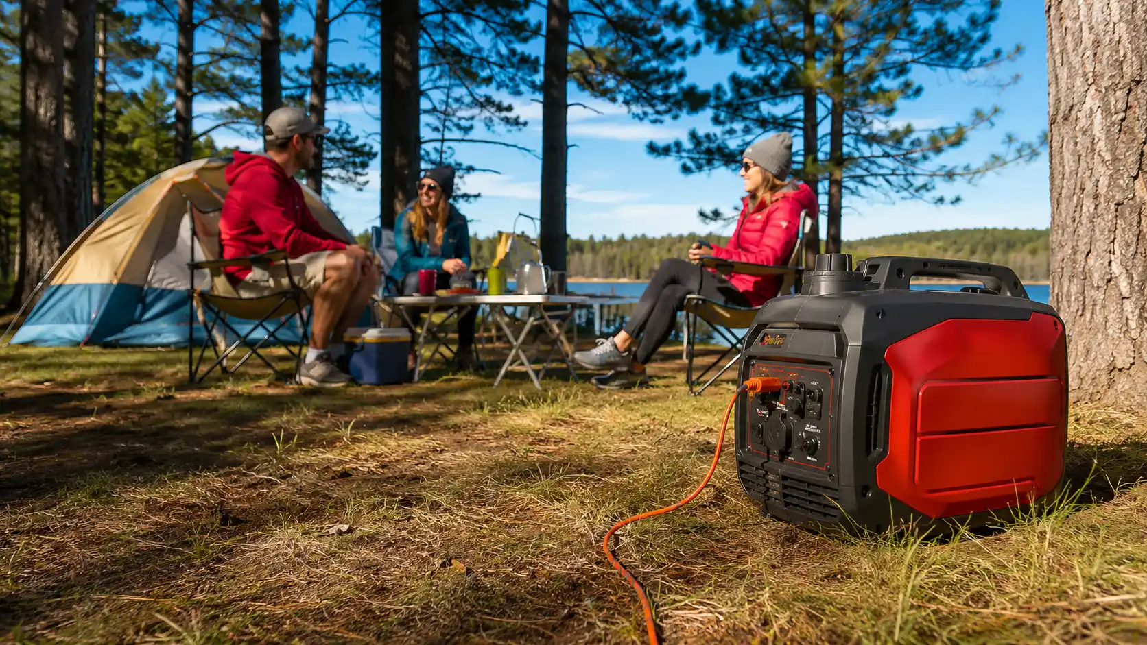 Portable inverter generator powering a campsite near a lake during a sunny outdoor trip