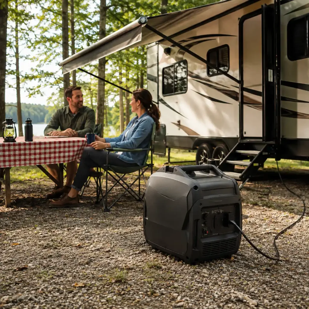 Realistic outdoor camping scene with a portable inverter generator powering an RV near a forested lakeside campsite