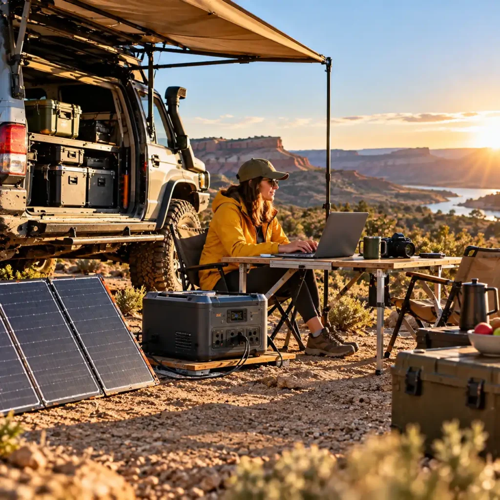 Overlanding campsite with a portable power station, solar panels, off-road vehicle, laptop, and outdoor gear in a sunny canyon landscape