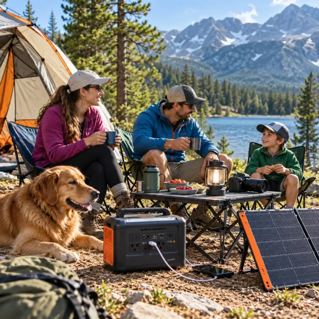 Family enjoying a sunny tent camping trip beside a mountain lake with a portable power station and solar panel