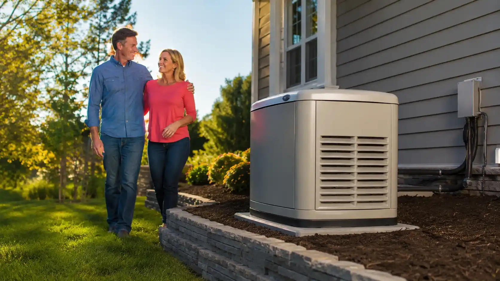 Standby generator providing automatic home backup power beside a suburban house.