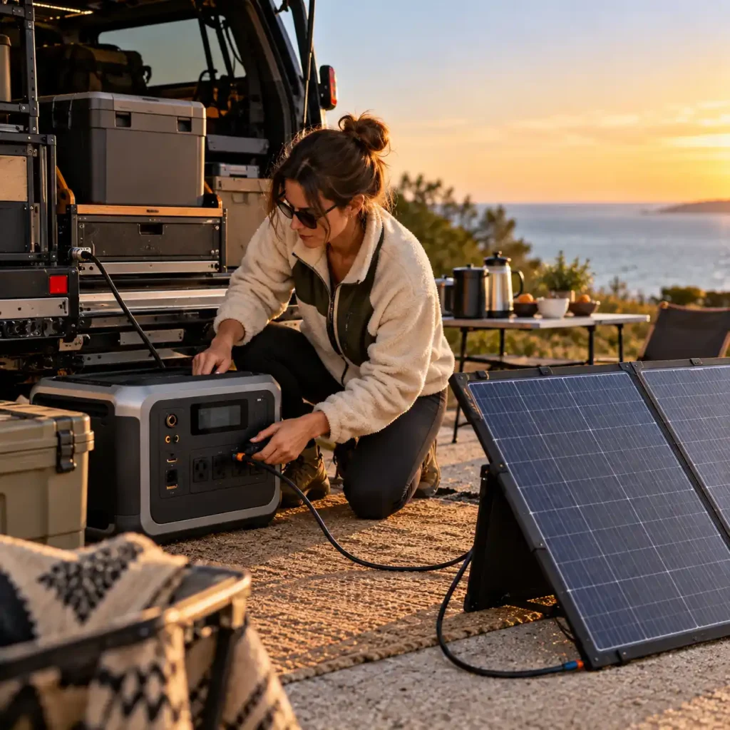 Woman connecting a portable power station to a solar panel beside an open overlanding vehicle with camping gear