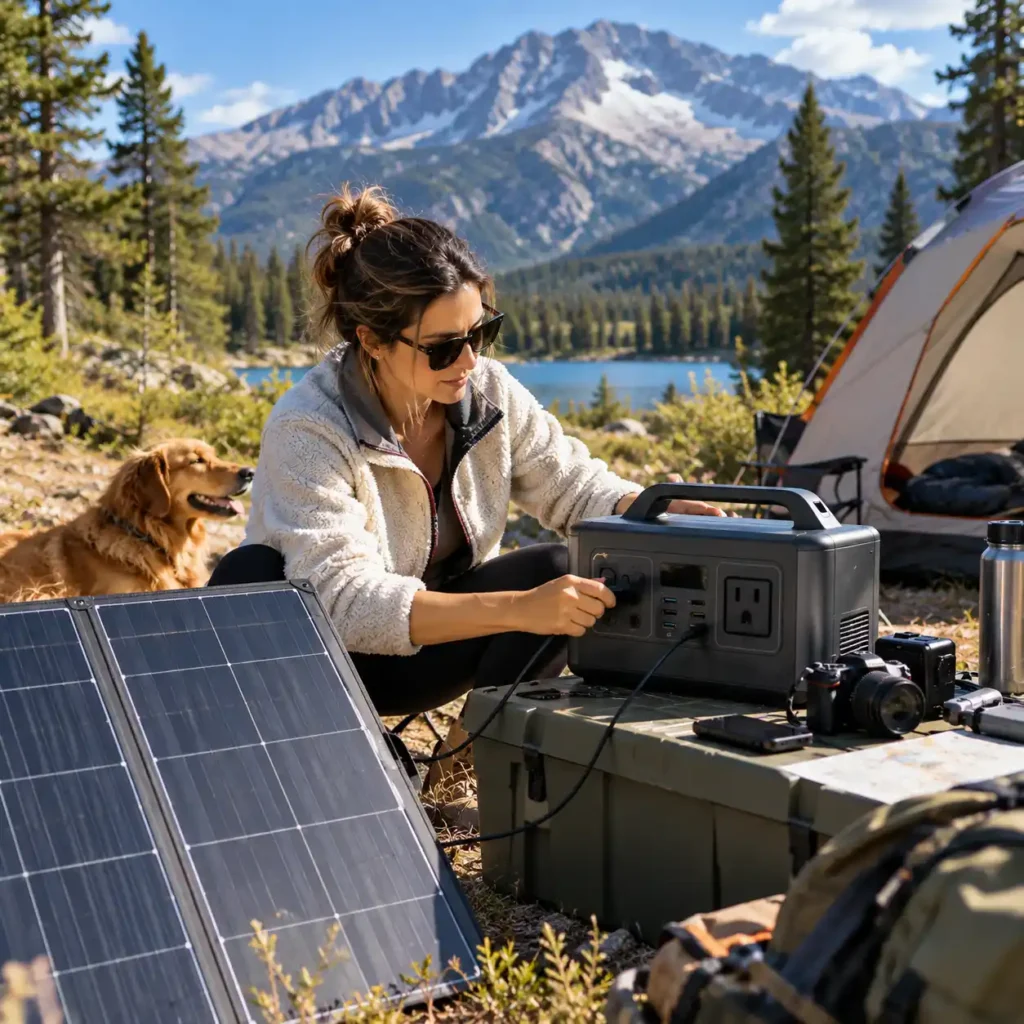 Woman connecting a portable power station to a solar panel at a daytime tent campsite