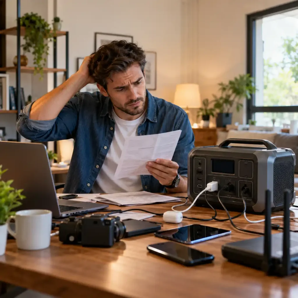 Man examining a portable power station and connected electronics at a home office desk
