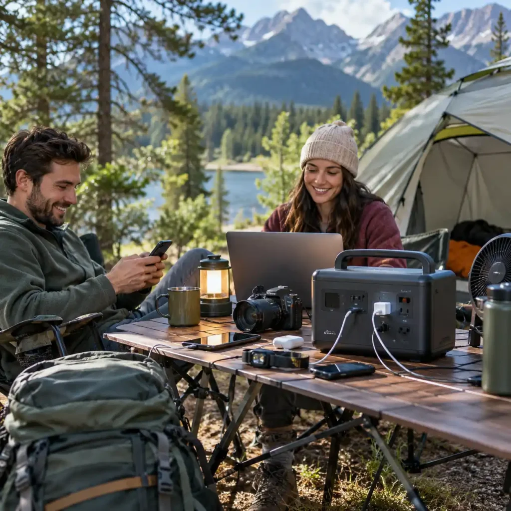 Two campers using a laptop and phone beside a portable power station at a lakeside campsite