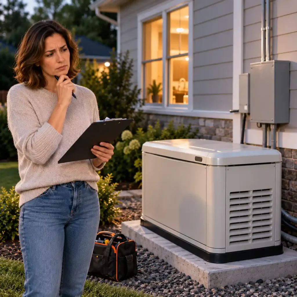 Homeowner reviewing a standby generator installation and electrical equipment while checking generator sizing requirements